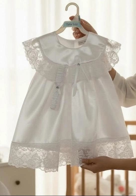 Satin Christening Dress with Lace Bandeau - Nandlals