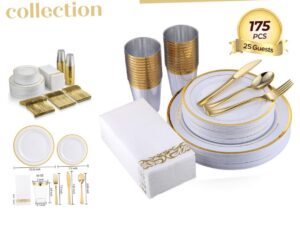 New Collection 175pc Gold Trim Plastic Disposable Party Table Ware Set
