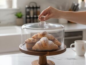 Glass Caker Server with Wooden Base